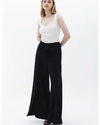 Pantaloni cu croiala ampla si slituri laterale, Negru