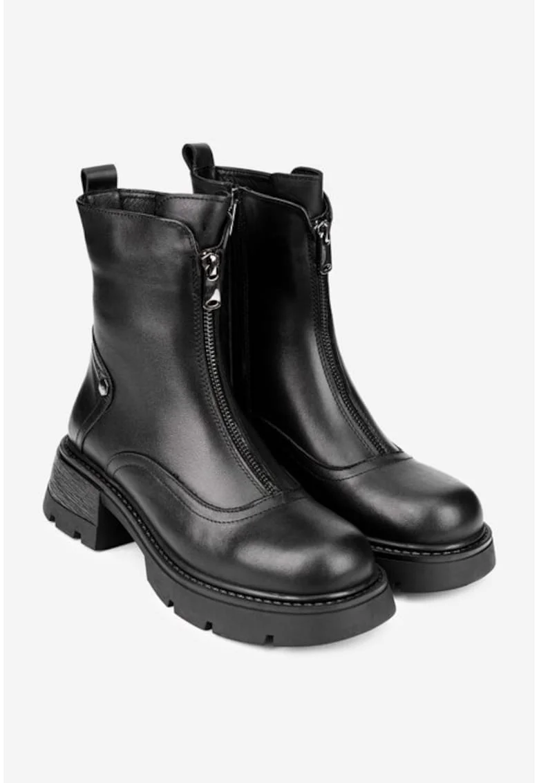 Ghete dama  din piele neagra cu fermoar, Negru
