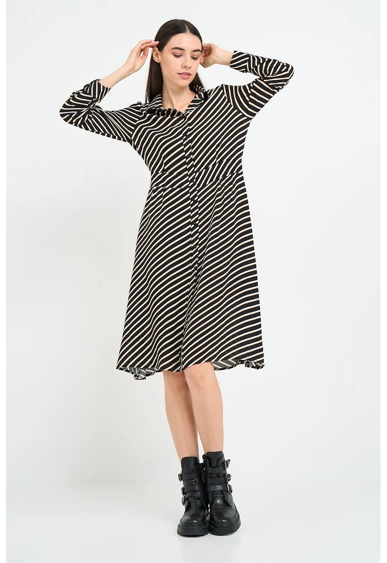 Rochie midi in dungi, Alb/Negru/Galben