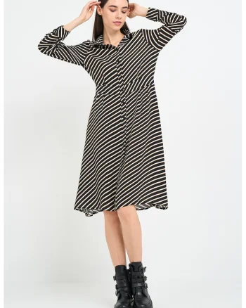 Rochie midi in dungi, Alb/Negru/Galben