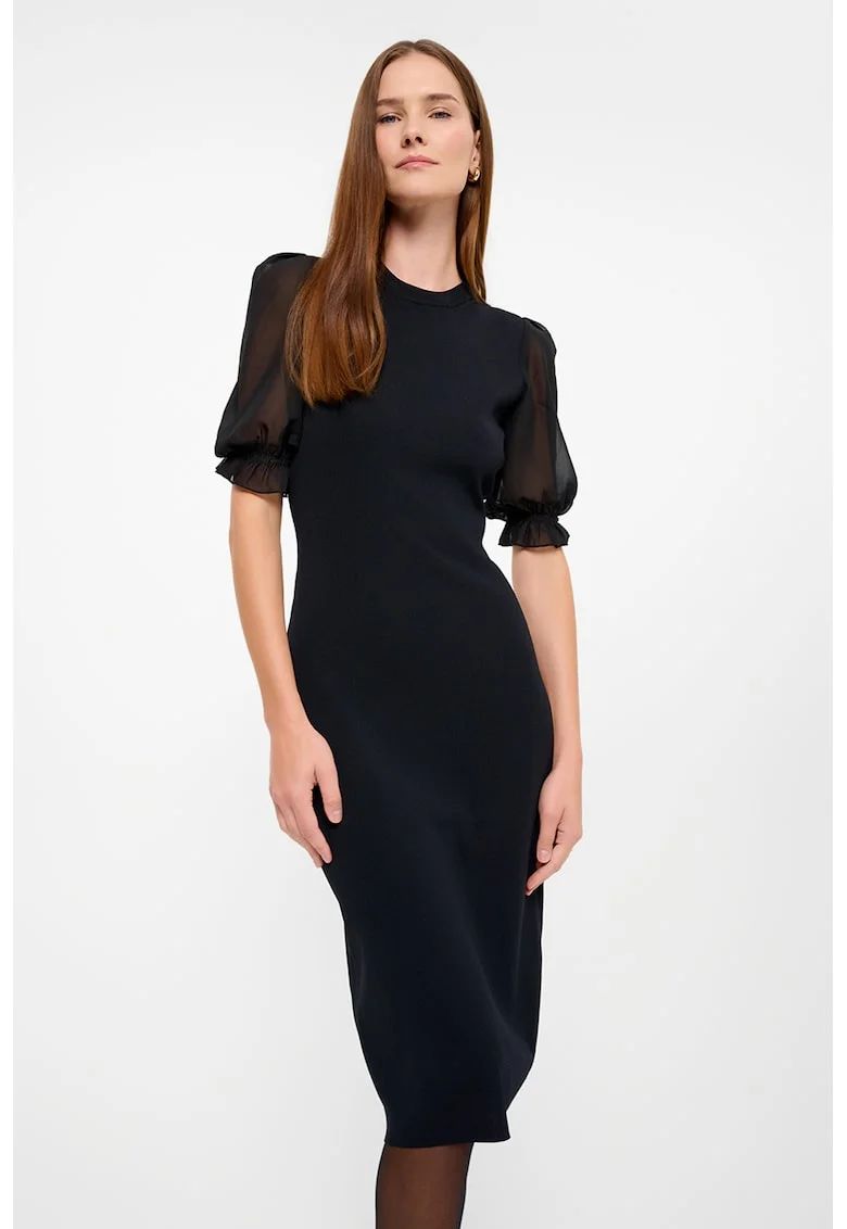 Rochie midi cu maneci bufante de plasa, Negru