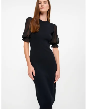 Rochie midi cu maneci bufante de plasa, Negru