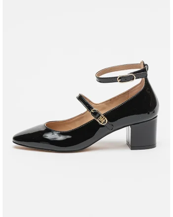 Pantofi din piele lacuita cu bareta pe glezna, Auriu/Negru