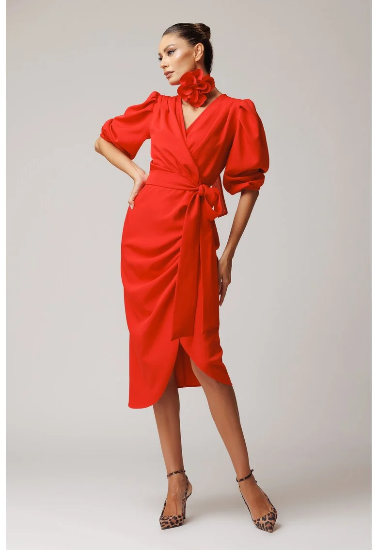 Rochie midi petrecuta cu decolteu in V, Rosu vermillion