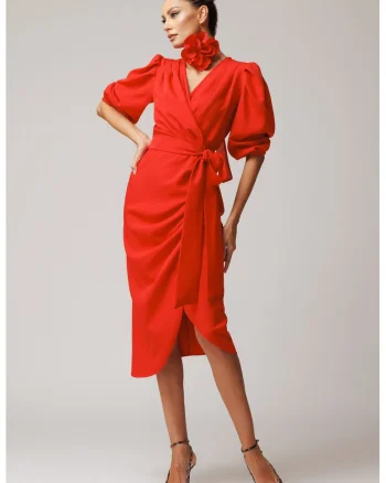Rochie midi petrecuta cu decolteu in V, Rosu vermillion
