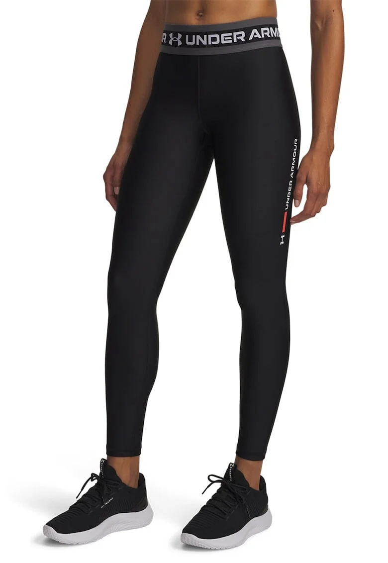 Colanti cu talie medie si banda logo in talie, pentru fitness Tech Branded, Negru
