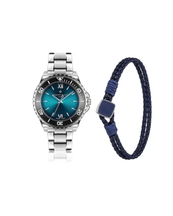 Set de ceas analog si bratara Onex, Argintiu/Bleumarin