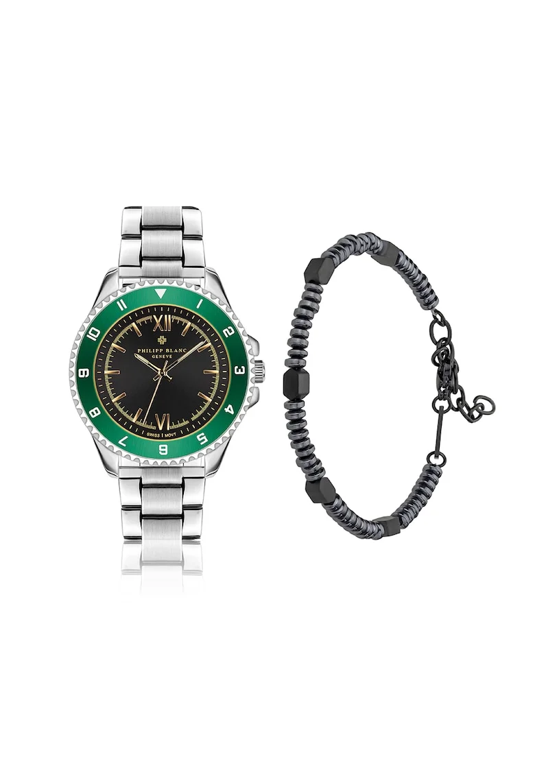 Set de ceas analog si bratara Baden, Argintiu/Negru