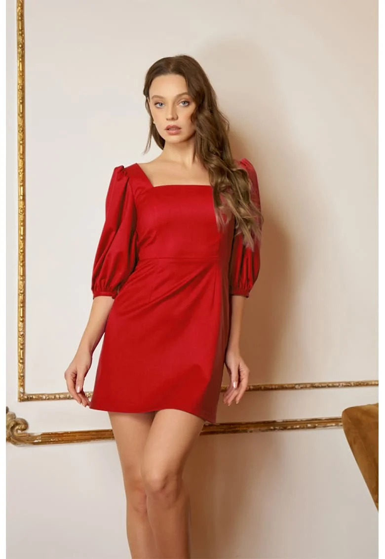 Rochie mini cu maneci bufante, Rosu