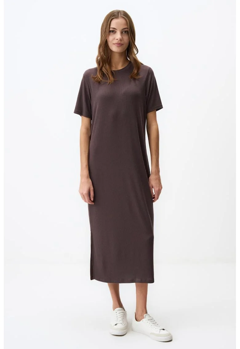 Rochie-tricou midi cu decolteu la baza gatului, Maro inchis