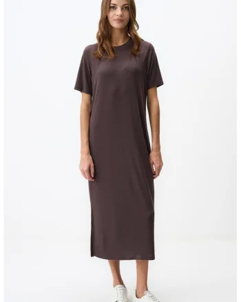Rochie-tricou midi cu decolteu la baza gatului, Maro inchis
