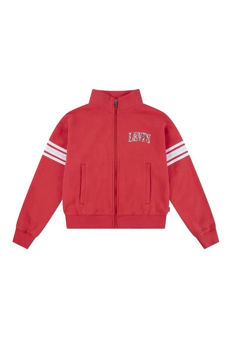 Bluza de trening cu logo si fermoar, Rosu/Alb