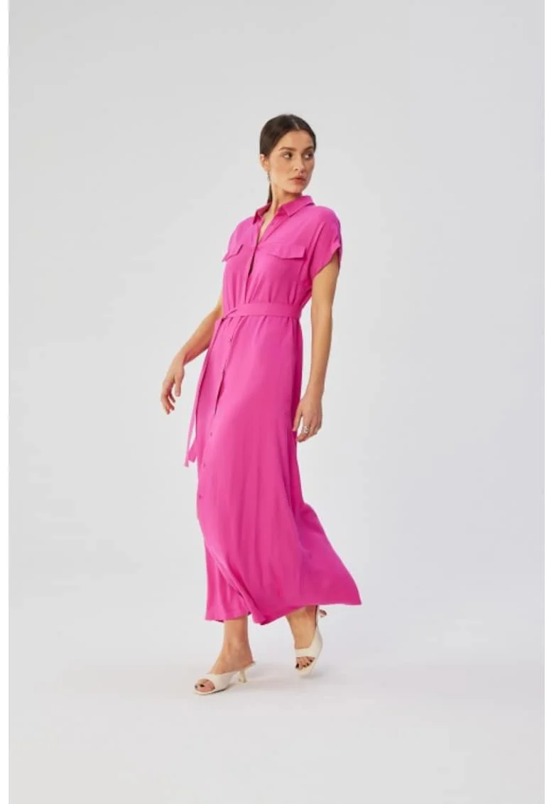 Rochie maxi din vascoza cu maneci scurte,, Roz