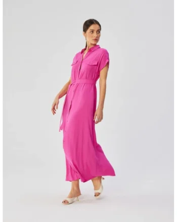 Rochie maxi din vascoza cu maneci scurte,, Roz
