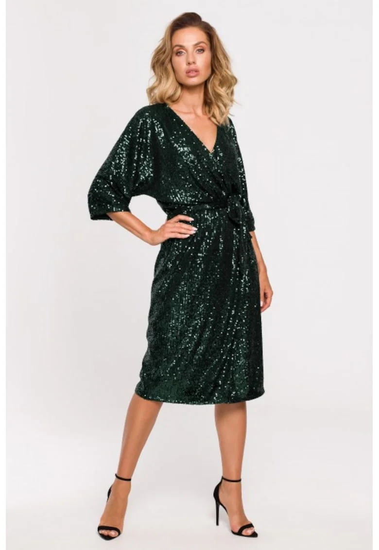 Rochie midi cu paiete legata in talie,, Verde