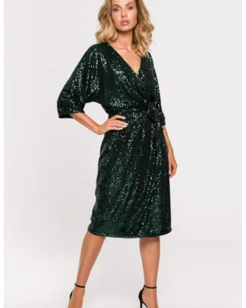 Rochie midi cu paiete legata in talie,, Verde