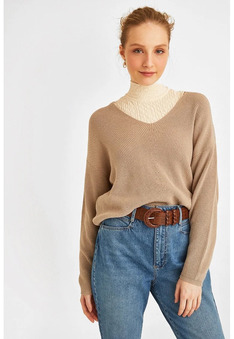 Pulover lejer cu maneci cazute, Maro taupe