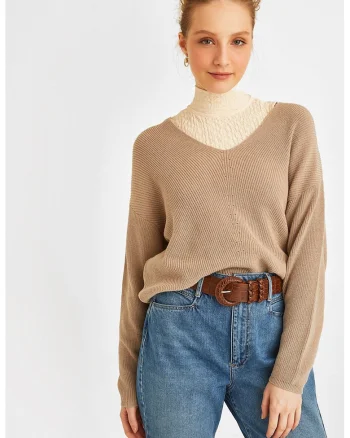 Pulover lejer cu maneci cazute, Maro taupe
