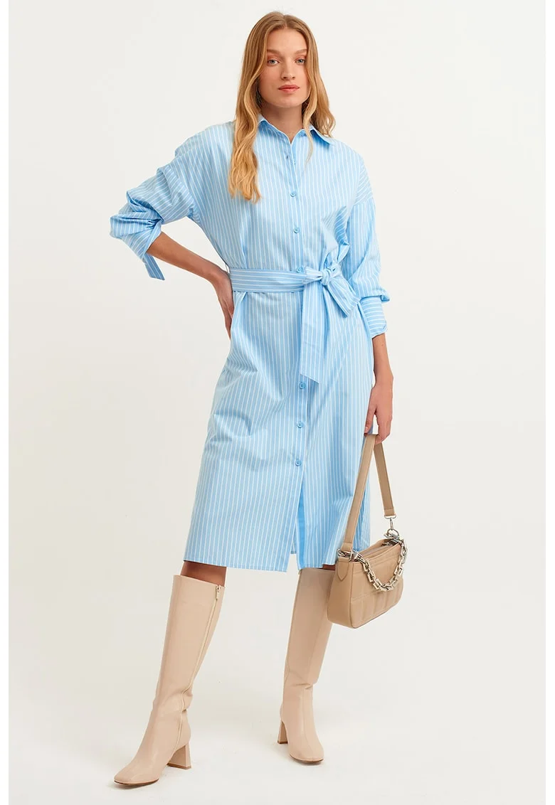 Rochie-camasa midi cu model in dungi si cordon in talie, Albastru glaciar