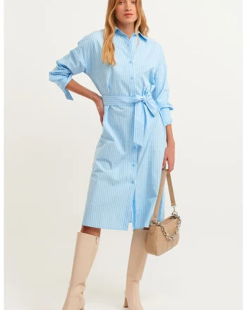 Rochie-camasa midi cu model in dungi si cordon in talie, Albastru glaciar