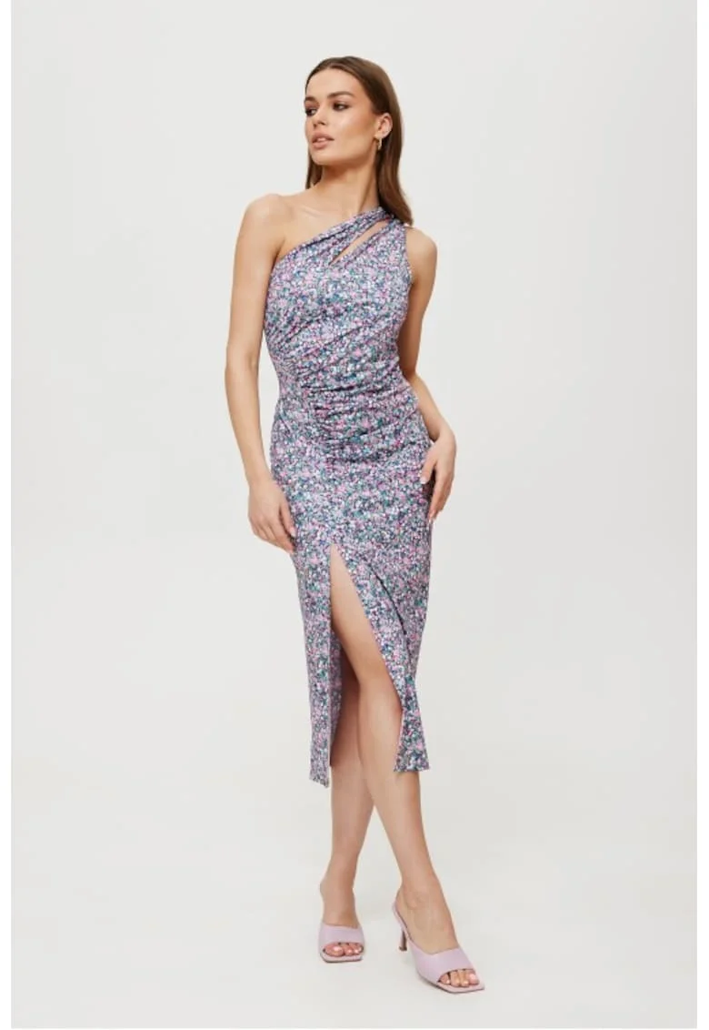 Rochie midi cu imprimeu si decolteu in forma de lacrima,