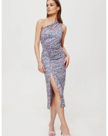 Rochie midi cu imprimeu si decolteu in forma de lacrima,