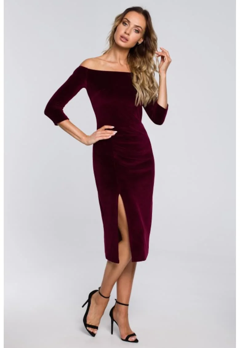Rochie midi din catifea cu decolteu barcuta si deschidere laterala,, Rosu