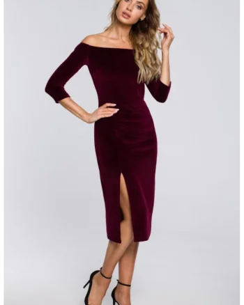 Rochie midi din catifea cu decolteu barcuta si deschidere laterala,, Rosu