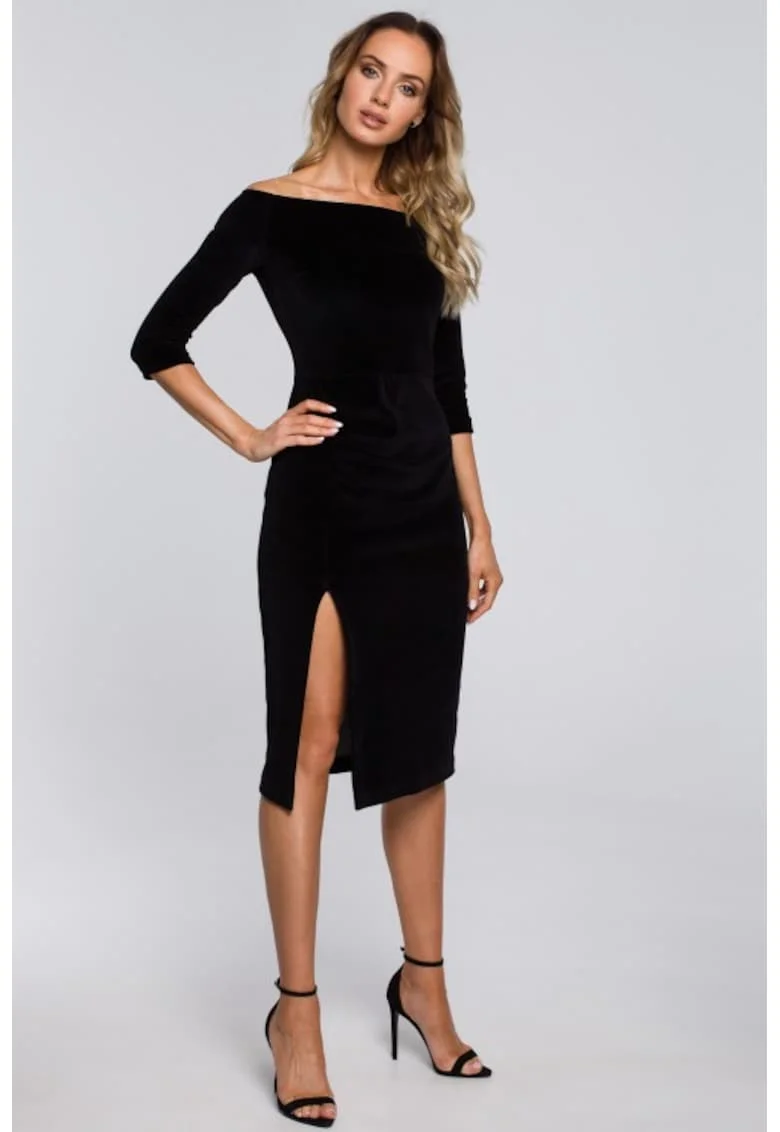 Rochie midi din catifea cu decolteu barcuta si deschidere laterala,, Negru
