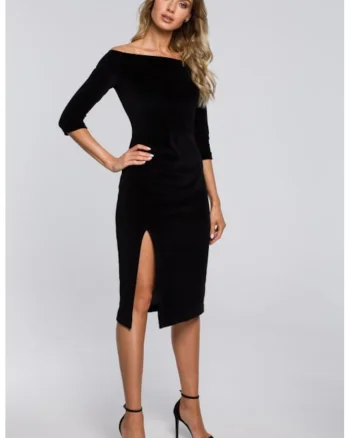 Rochie midi din catifea cu decolteu barcuta si deschidere laterala,, Negru