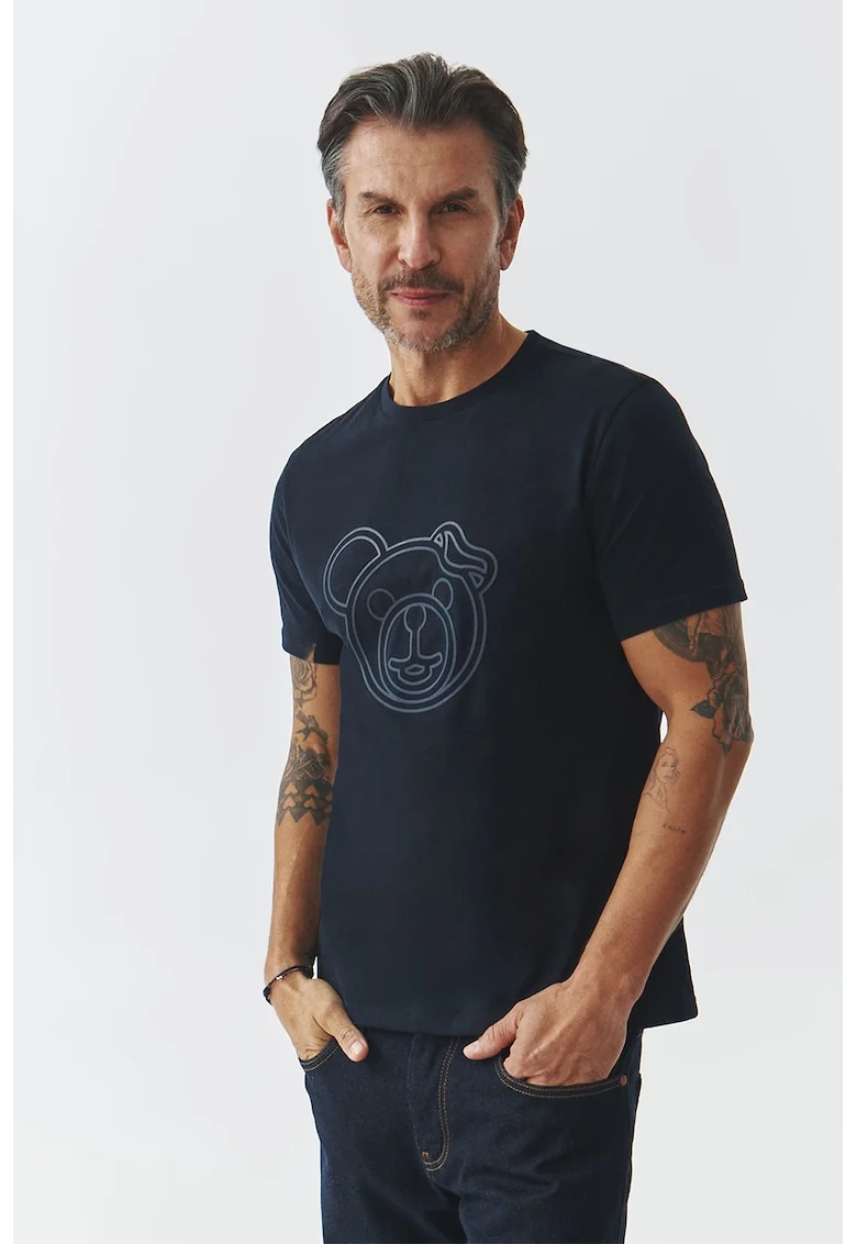 Tricou din bumbac cu decolteu la baza gatului, Albastru inchis