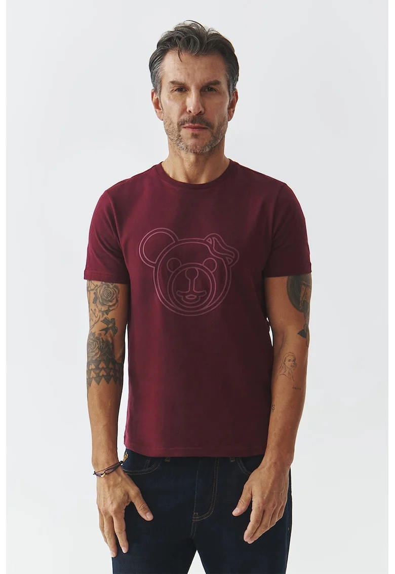 Tricou din bumbac cu decolteu la baza gatului, Visiniu