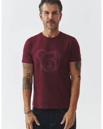 Tricou din bumbac cu decolteu la baza gatului, Visiniu
