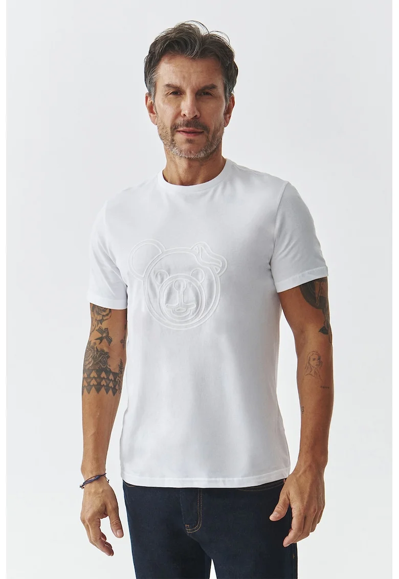 Tricou din bumbac cu decolteu la baza gatului, Alb optic