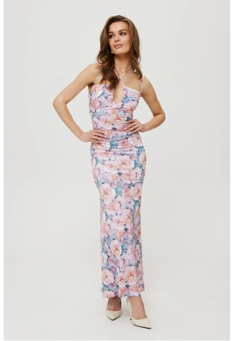 Rochie maxi imprimata cu cravata la decolteu,