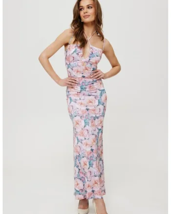 Rochie maxi imprimata cu cravata la decolteu,