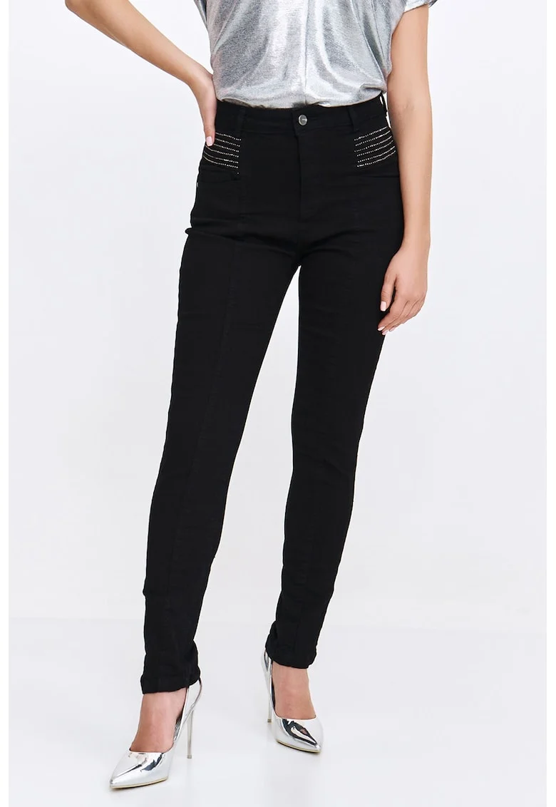 Blugi slim fit cu talie inalta si strasuri, Negru