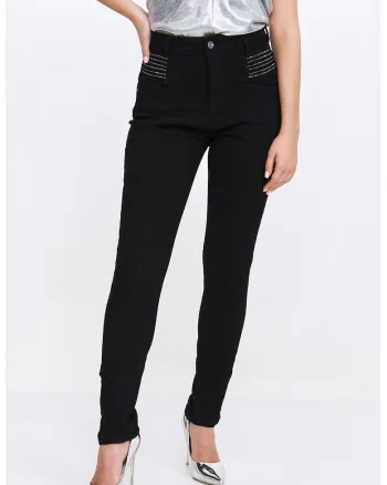 Blugi slim fit cu talie inalta si strasuri, Negru
