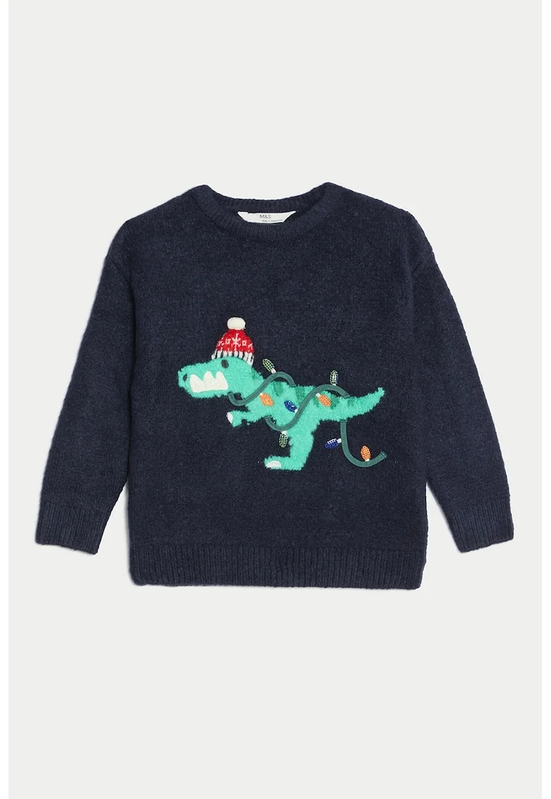 Pulover tricotat cu dinozaur brodat, Verde/Albastru ultramarin