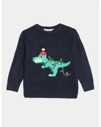 Pulover tricotat cu dinozaur brodat, Verde/Albastru ultramarin