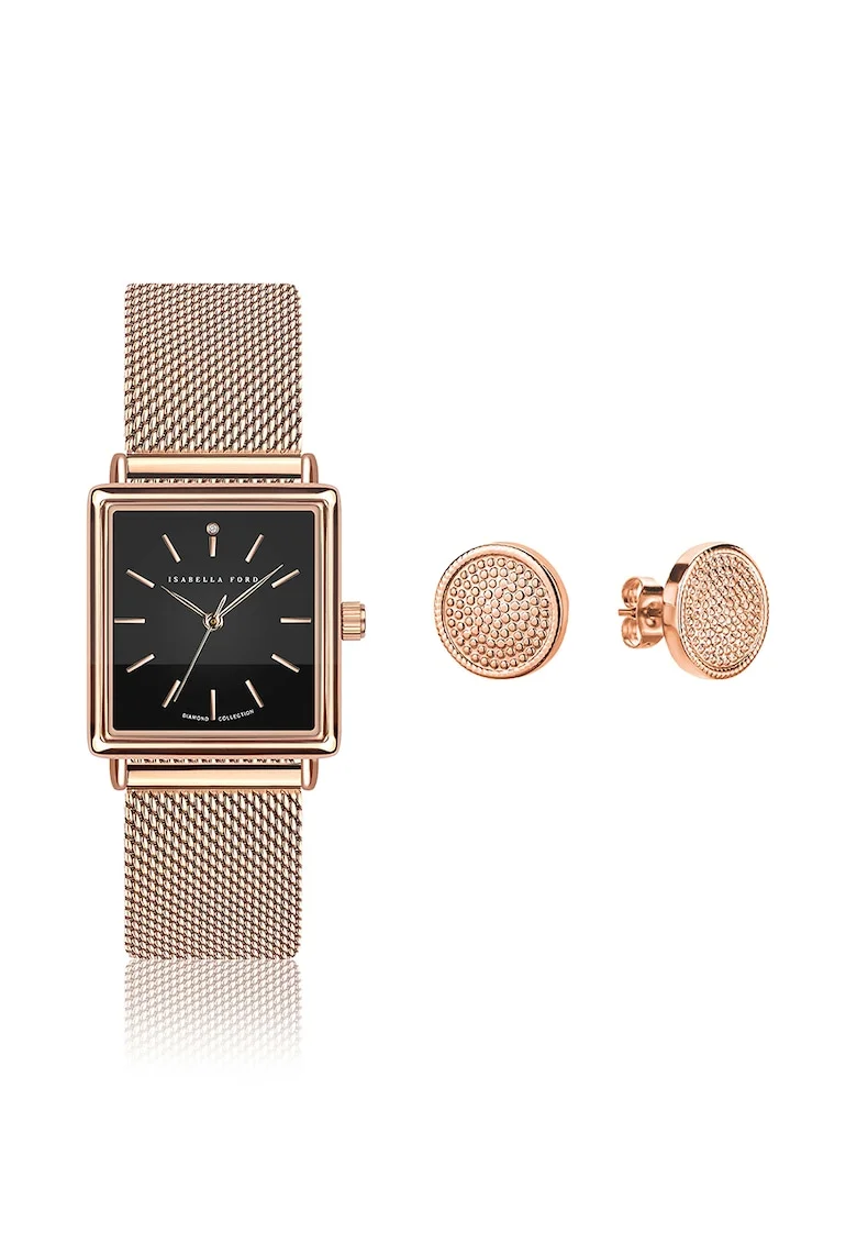 Set de ceas dreptunghiular si cercei, Auriu rose