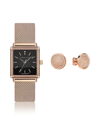 Set de ceas dreptunghiular si cercei, Auriu rose