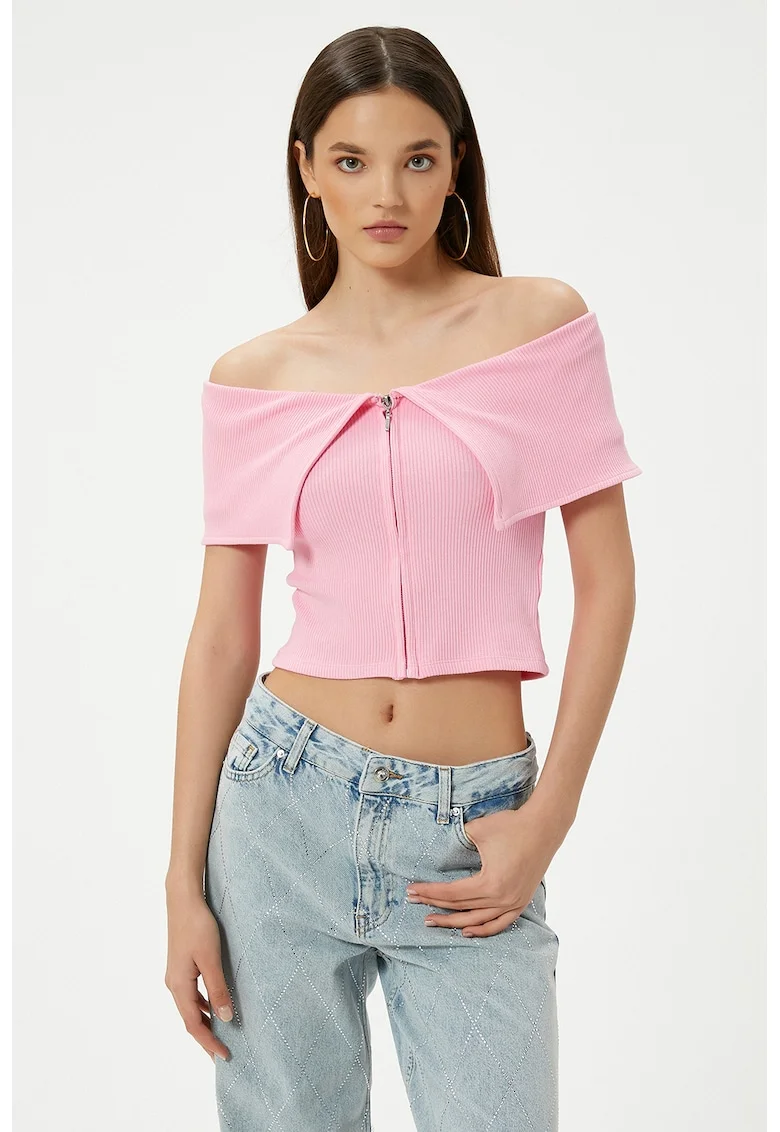 Bluza crop cu decolteu pe umeri, Roz