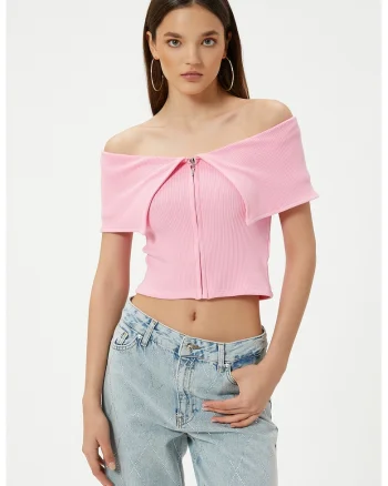 Bluza crop cu decolteu pe umeri, Roz