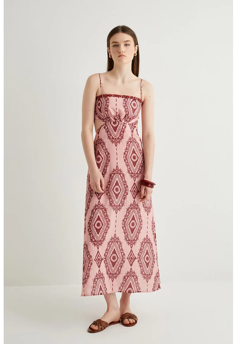 Rochie maxi cu model grafic, Visiniu/Roz pal