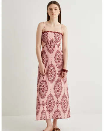 Rochie maxi cu model grafic, Visiniu/Roz pal
