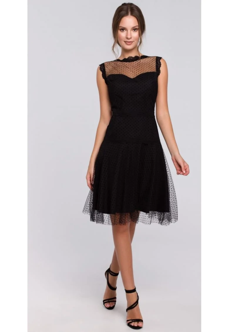 Rochie dama cu tulle,  Poliester/Elastan, Negru