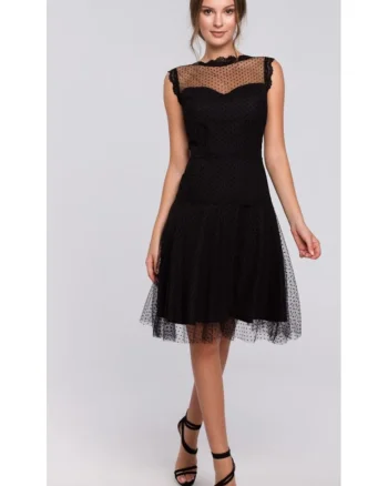 Rochie dama cu tulle,  Poliester/Elastan, Negru