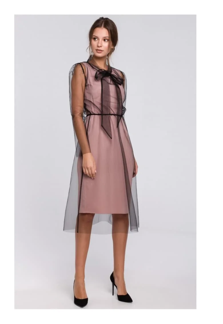 Rochie din tul cu cravata la gat, Roz