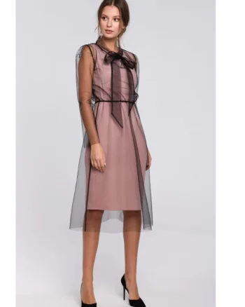 Rochie din tul cu cravata la gat, Roz